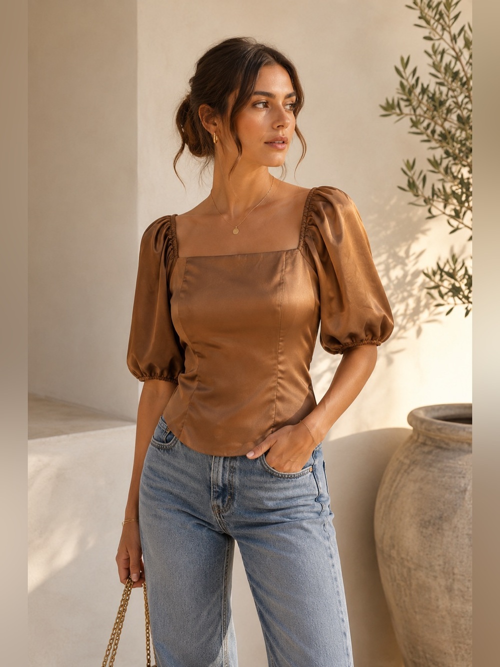 NWT🔖 RO & DE Bronze Satin Puff Sleeve Top – XS